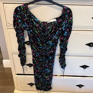 Zara Black Floral Ruched Long Sleeve Mini Dress - Pink, Blue & Green